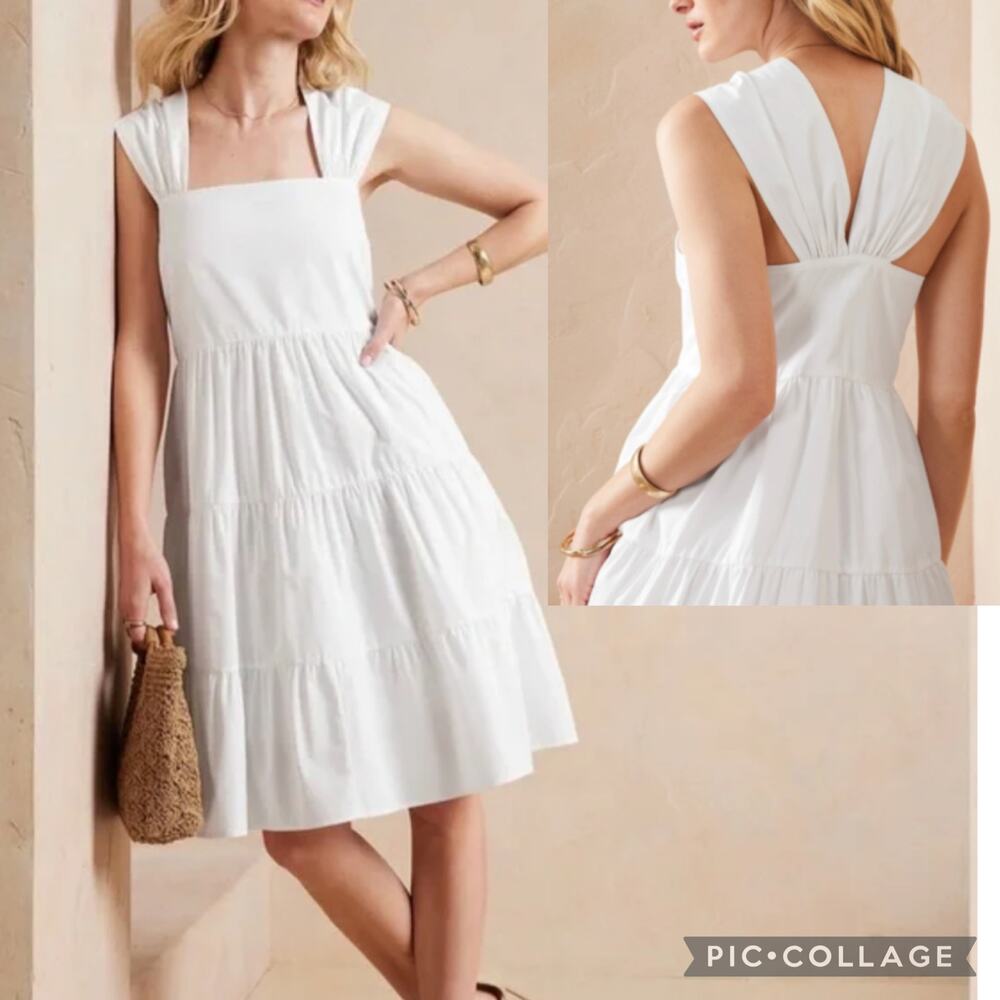 NWT Banana Republic Poplin Mini Tiered Dress V back in white size medium
